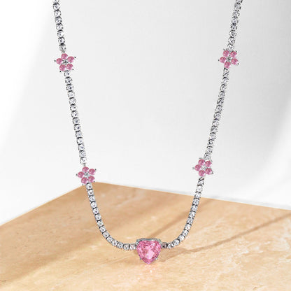 [Amore Jewels]Dazzling Pink Heart Flower Necklace