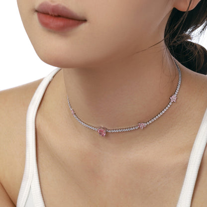 [Amore Jewels]Dazzling Pink Heart Flower Necklace