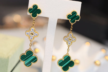[Amore Jewels]CLOVER EARRINGS GOLD MALACHITE DIAMOND 3 MOTIF