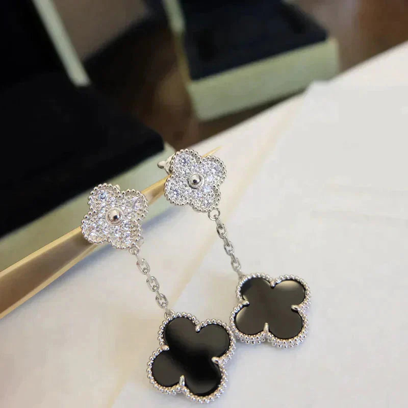 [Amore Jewels]CLOVER 2 MOTIFS  DIAMOND ONYX EARRINGS SILVER