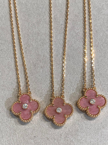 [Amore Jewels]CLOVER 15MM DIAMOND RHODONITE NECKLACE