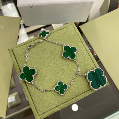 [Amore Jewels]CLOVER 5 MOTIFS SIVLER MALACHITE BRACELET