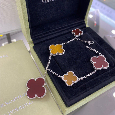 [Amore Jewels]CLOVER 5 MOTIFS SIVLER CARNELIAN TIGER EYE BRACELET