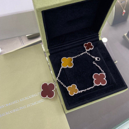 [Amore Jewels]CLOVER 5 MOTIFS SIVLER CARNELIAN TIGER EYE BRACELET