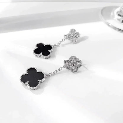 [Amore Jewels]CLOVER 2 MOTIFS  DIAMOND ONYX EARRINGS SILVER