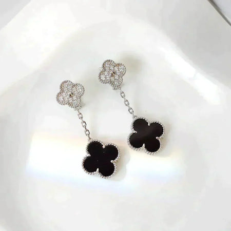 [Amore Jewels]CLOVER 2 MOTIFS  DIAMOND ONYX EARRINGS SILVER