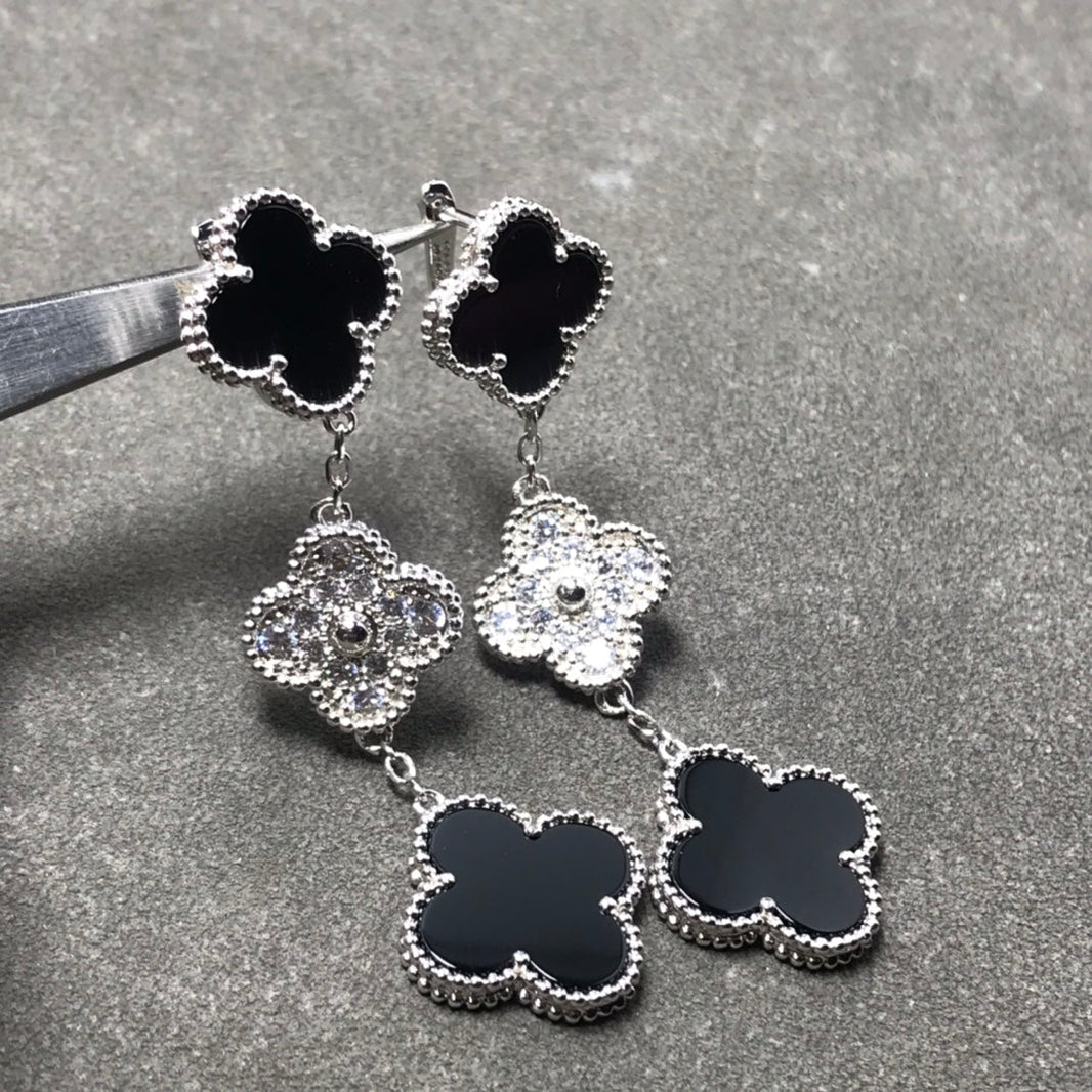 [Amore Jewels]CLOVER 3 MOTIF DIAMOND ONYX SILVER EARRINGS