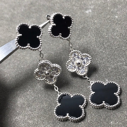 [Amore Jewels]CLOVER 3 MOTIF DIAMOND ONYX SILVER EARRINGS