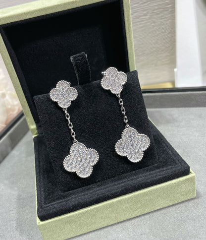 [Amore Jewels]CLOVER 2 MOTIFS DIAMOND PAVED SILVER EARRINGS