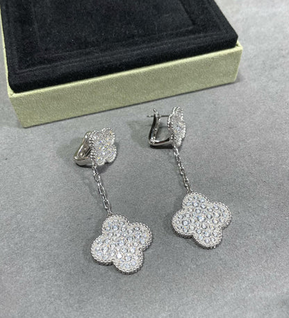 [Amore Jewels]CLOVER 2 MOTIFS DIAMOND PAVED SILVER EARRINGS