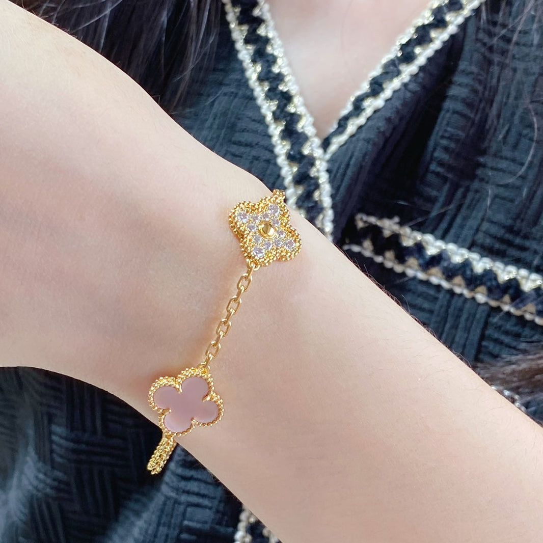 [Amore Jewels]CLOVER 5 MOTIF DIAMOND PINK MOP PINK GOLD BRACELET