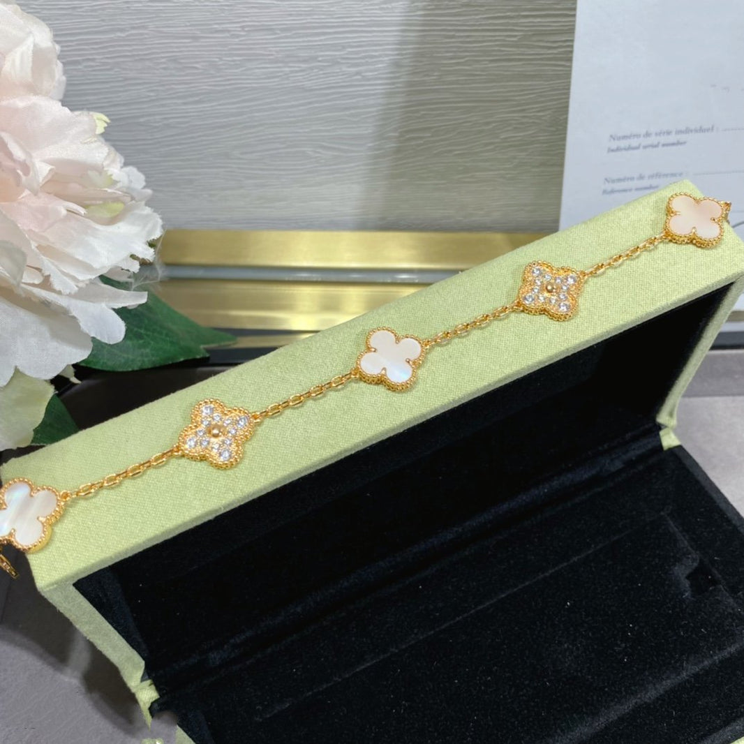 [Amore Jewels]CLOVER 5 MOTIF DIAMOND PINK MOP PINK GOLD BRACELET