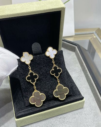 [Amore Jewels]CLOVER 3 MOTIF MOP ONYX DARK MOP PINK GOLD EARRINGS