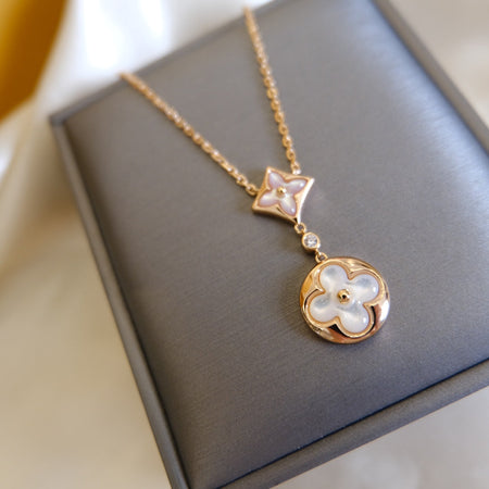 [Amore Jewels]STAR AND SUN WHITE MOP 2 MOTIF PINK GOLD NECKLACE