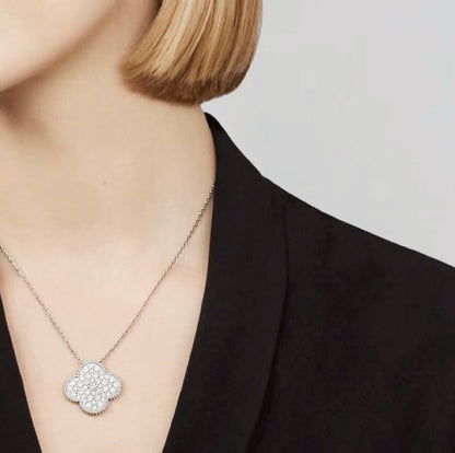 [Amore Jewels]CLOVER 25MM LARGE PENDANT DIAMOND PAVED SILVER NECKLACE