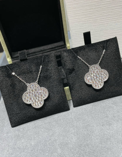 [Amore Jewels]CLOVER 25MM LARGE PENDANT DIAMOND PAVED SILVER NECKLACE