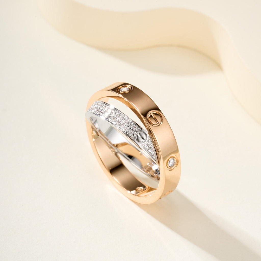 [Amore Jewels]LOVE PINK GOLD SILVER DIAMOND DOUBLE RING