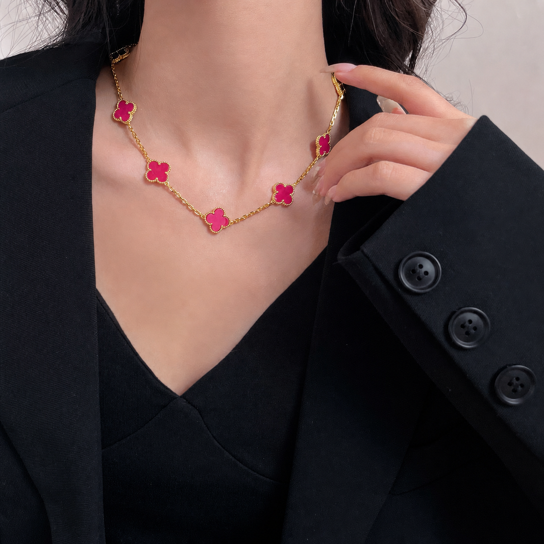 [Amore Jewels]NEW CLOVER 10 MOTIFS PINK ENAMEL NECKLACE