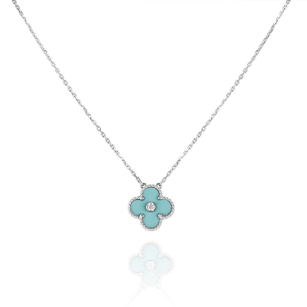 [Amore Jewels]CLOVER 1 DIAMOND LIGHT BLUE SILVER NECKLACE