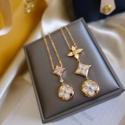 [Amore Jewels]COLOR BLOSSOM LARIAT NECKLACE PINK GOLD WHITE MOTHER PEARL AND DIAMOND