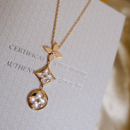 [Amore Jewels]COLOR BLOSSOM LARIAT NECKLACE PINK GOLD WHITE MOTHER PEARL AND DIAMOND