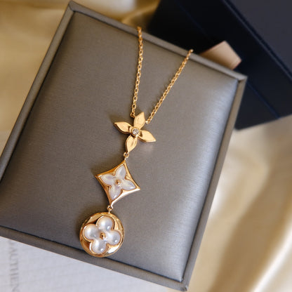 [Amore Jewels]COLOR BLOSSOM LARIAT NECKLACE PINK GOLD WHITE MOTHER PEARL AND DIAMOND