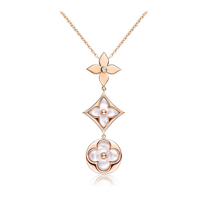[Amore Jewels]COLOR BLOSSOM LARIAT NECKLACE PINK GOLD WHITE MOTHER PEARL AND DIAMOND