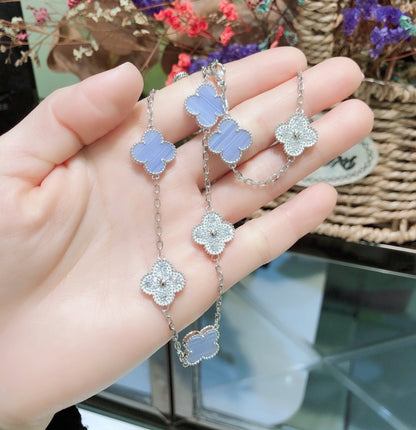 [Amore Jewels]CLOVER 10 MOTIFS CHALCEDONY DIAMONDS SILVER NECKLACE